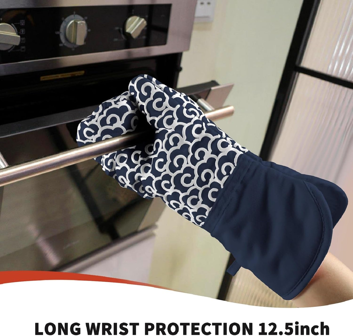 Extra Long Oven Mitts,High Heat Resistant 500 Degree Oven Gloves with Soft Cotton Lining and Non-Slip Silicone, Perfect for BBQ,Baking,Cooking and Grilling- 1 Pair (Blue)