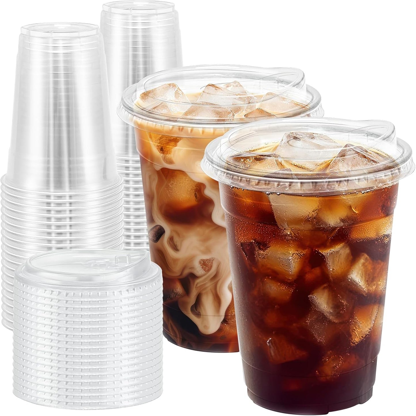 100 Pack 16 oz Clear Plastic Cups with Lids, Disposable Iced Coffee Cups with Sip Lids, Sturdy Plastic Smoothie Cups for Cold Drinks
