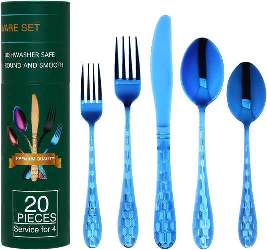 Hammered 20-Piece Silverware Set for 4, 18/10 Stainless Steel Flatware Silverware Set, Unique Design Knife Fork Spoon Set for Home Kitchen Restaurant Wedding, Smooth Edge, Dishwasher Safe (Blue)