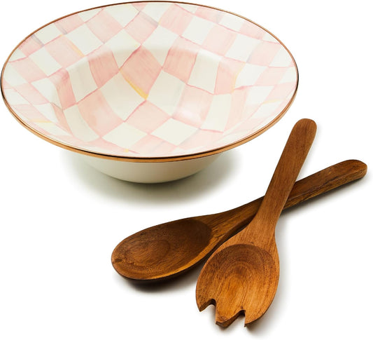 MACKENZIE-CHILDS Enamel Salad Serving Set, Enamel Bowl and Wooden Salad Servers, Decorative Kitchen Set, Pink-and-White Rosy Check