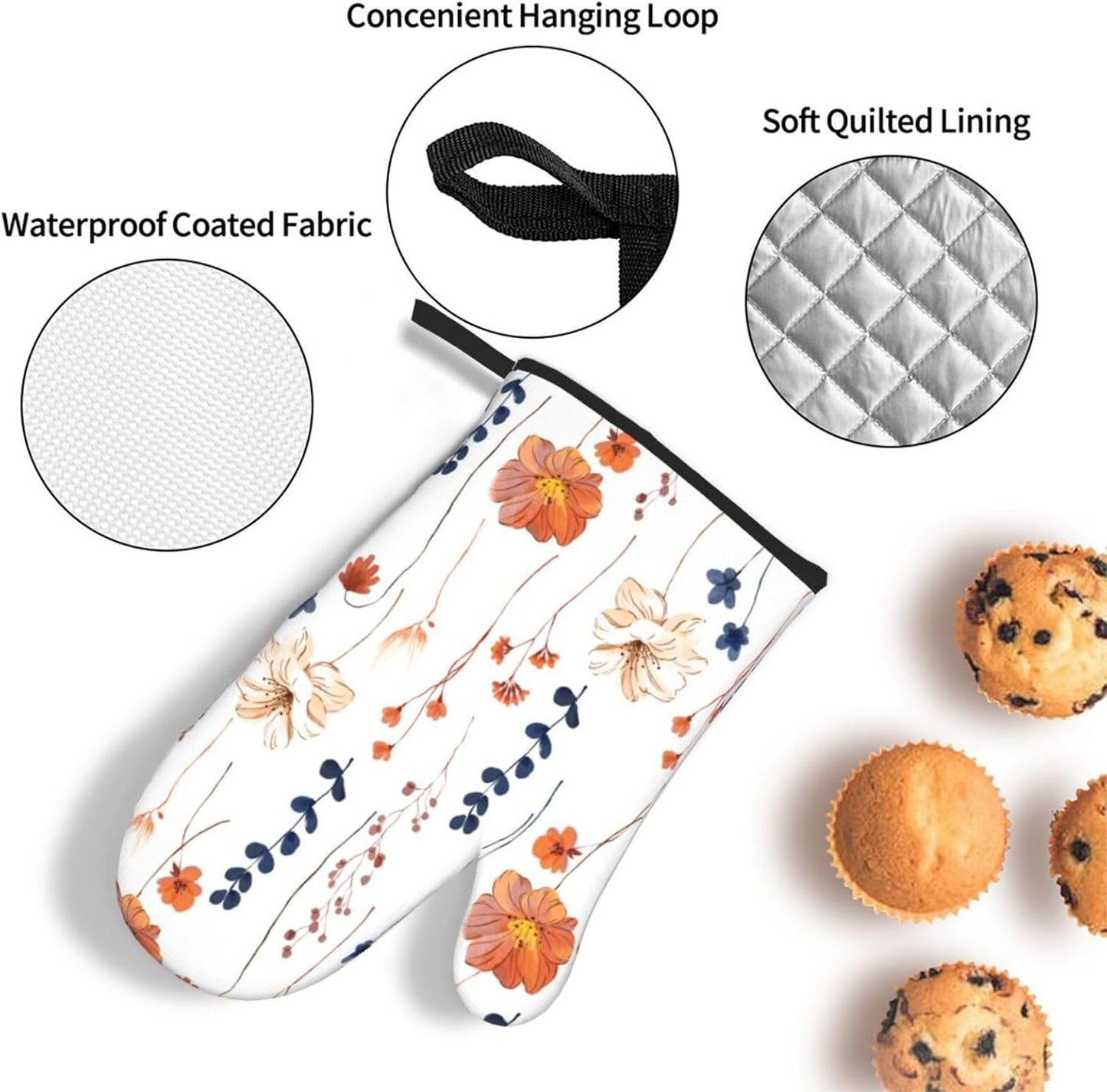 Watercolor Orange Floral Oven Mitts and Pot Holders Set Heat Resistant Non Slip Set of 3 Navy Blue and Orange Flower Decorative Kitchen Gloves Hot Pads for Cooking BBQ Baking Grilling