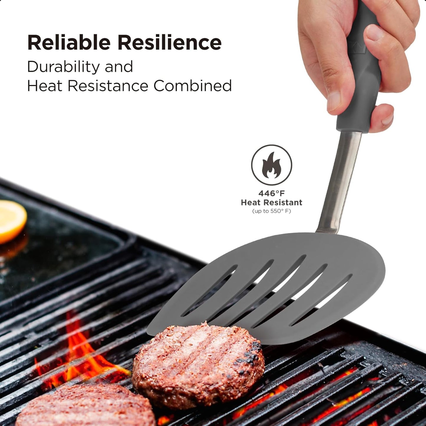 Kitchen Mama WaltzGrip Platinum Silicone Pancake Spatula Turner: Heat Resistant Flexible, Stainless Steel Core, Nonstick, Dishwasher Safe, Flipper – Ideal Kitchen Cookware Egg, Fish, Meat (Metal Gray)