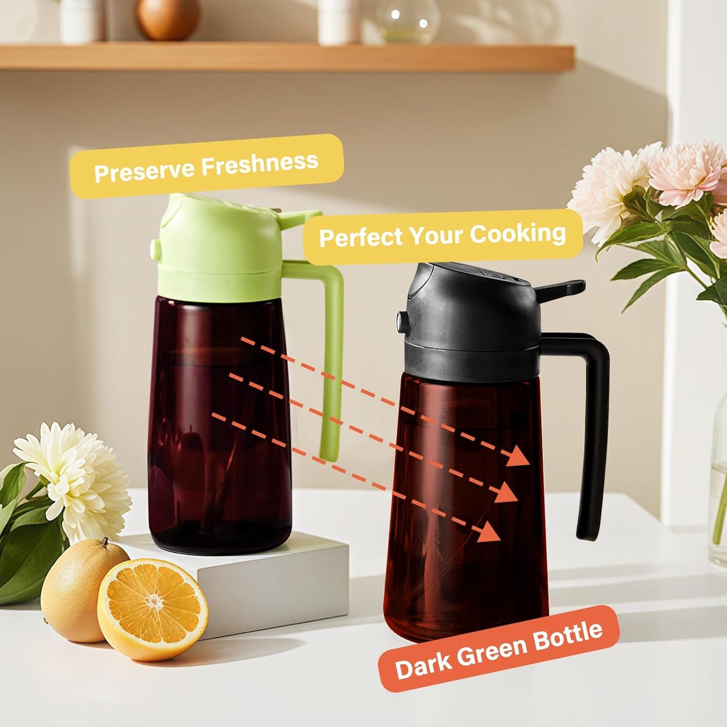 16oz Oil Dispenser Bottle for Kitchen - 2 in 1 Olive Oil Dispenser and Oil Sprayer - 470ml Olive Oil Bottle - Oil Sprayer for Cooking, Kitchen, Salad, Barbecue Black (Wine red with green lid)