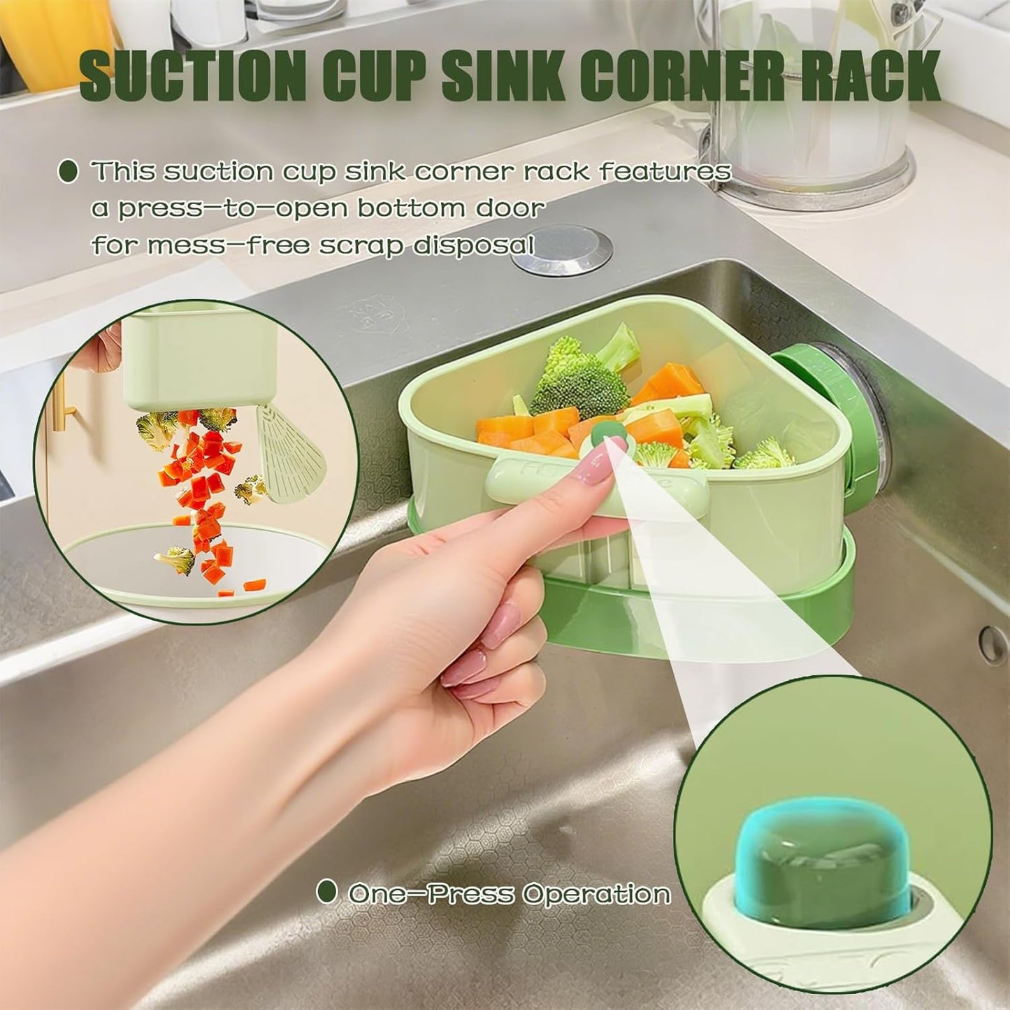 2PCS Suction Cup Sink Corner Racks, Corner Sink Strainer, Sink Corner Rack Strainer with Automatic Press-To-Dump Design, Sink Strainer Basket with Duty Dish Sponge, Multifunctional Food Waste Catcher.
