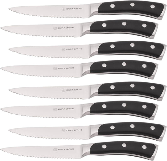 8-Piece Serrated Kitchen Steak Knife Set – Forged High Carbon Stainless Steel, Ultra Sharp, Ergonomic Black Handles, Durable Dinner Knives, Black Handle