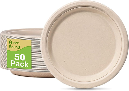 Paper Plates 9 inch, 50 Pack Eco Friendly Recycled Paper Plates, 100% Compostable Plates Disposable, Sturdy Paper Plates Dinner Size, Brown Paper Plates