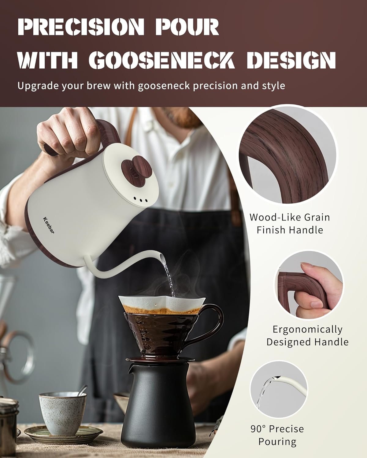 Electric Kettles, 1000W Gooseneck Electric Kettle with 6 Temperature Control Presets, 0.8L/27.05oz, 0.8mm Ultra-Fine Spout, 304 Stainless Steel Inner, Gooseneck Kettle with Auto Shut-Off, Matte White