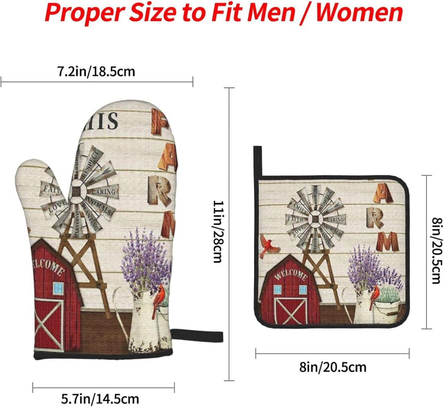 Oven Mitts and Pot Holders Sets of 4,Farmhouse Windmill and Barn House Lavender Cardinal Bird Country Style,Oven Mitts Heat Resistant Oven Gloves Set Potholders for Kitchen Baking Grilling