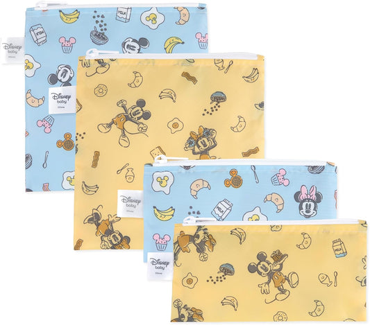 Bumkins Disney Reusable Sandwich and Snack Bags, for Kids School Lunch and for Adults Portion, Washable Fabric, Waterproof Cloth Zip Bag, Travel Pouch, Food-Safe Storage, 4-pack Set Mickey and Minnie