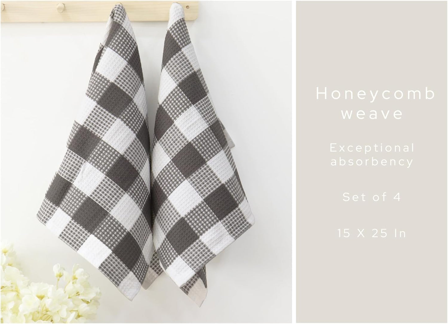 PurpleEssences 100% Cotton Waffle Weave Check Plaid Kitchen Towels, Super Soft and Absorbent Dish Towels for Drying Dishes 15 x 25-4 Pack - Spring Summer - Steel Grey and White