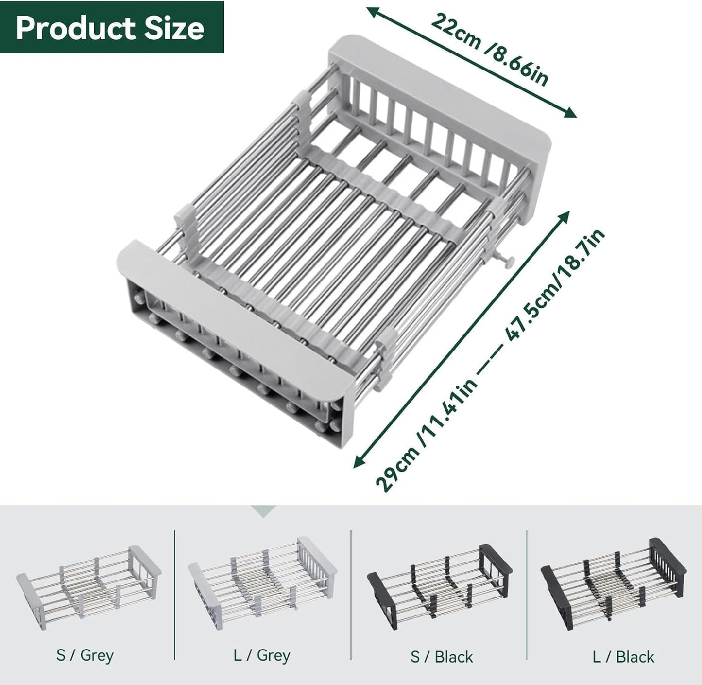 Cyrank Over The Sink Dish Drying Rack, Expandable Over Sink Grill Telescopic Drain Basket Kitchen Rack Drain Basket Sink Drying Rack(L#Grey)