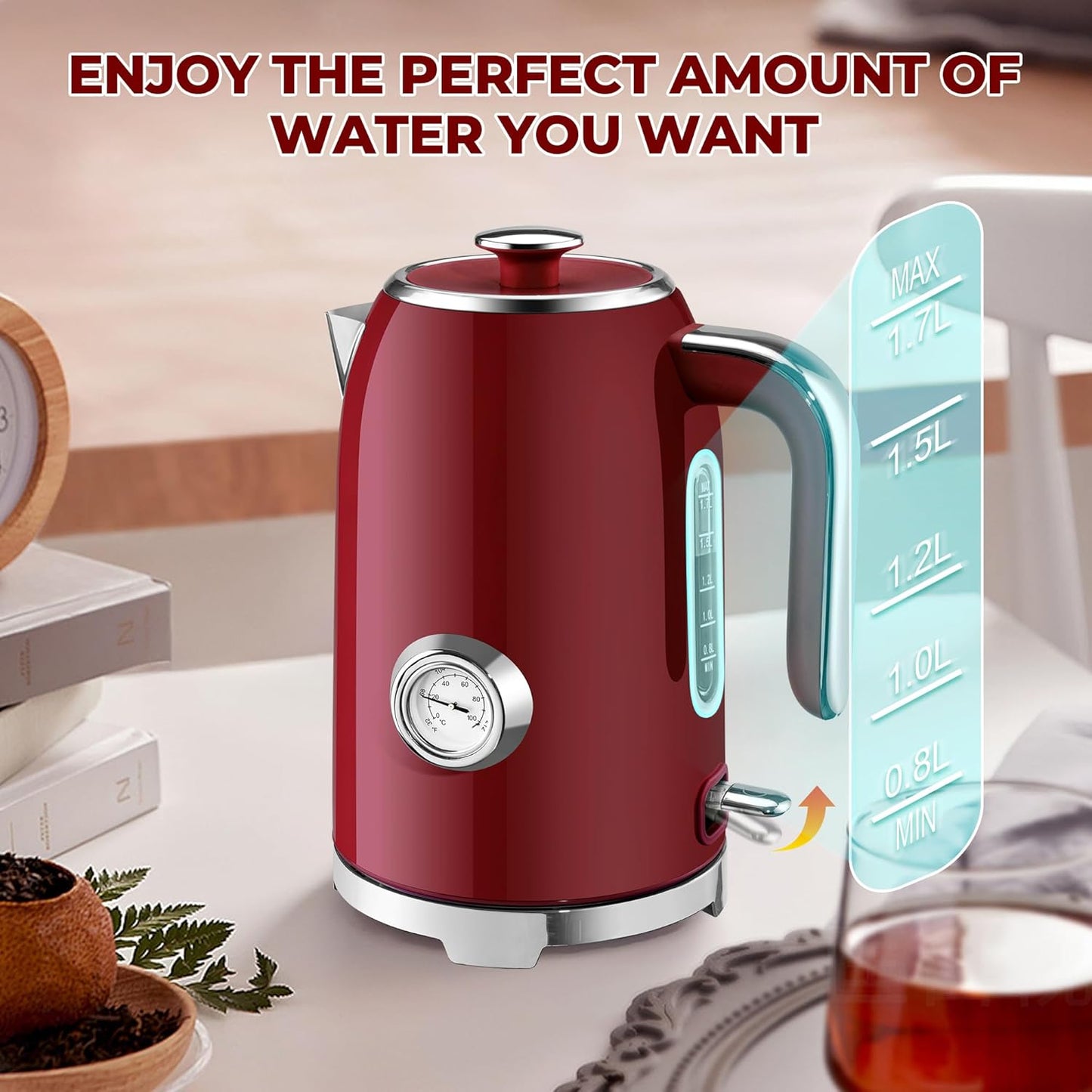 SUSTEAS Electric Kettle - 57oz Hot Tea Water Boiler with Thermometer, 1500W Fast Heating Stainless Steel Pot, Cordless LED Indicator, Auto Shut-Off & Boil Dry Protection, Red
