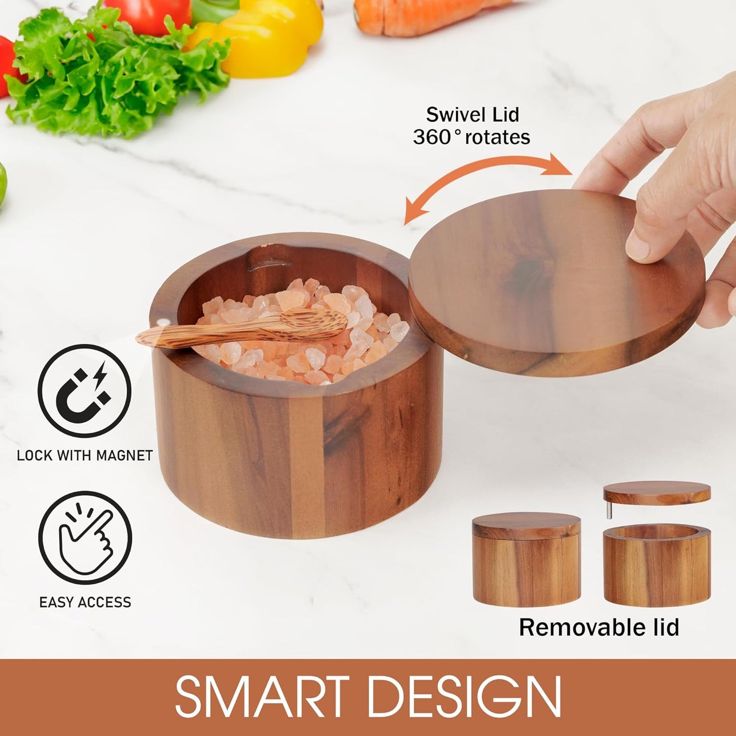 9-ounce Salt Cellar with Spoon and Swivel Lid, Acacia Wood Salt & Spice Box, Salt Keeper, Wood Jar for Kitchen, Perfect for Storing Table Salt, Gourmet Salts, Herbs, or Your Favorite Seasonings