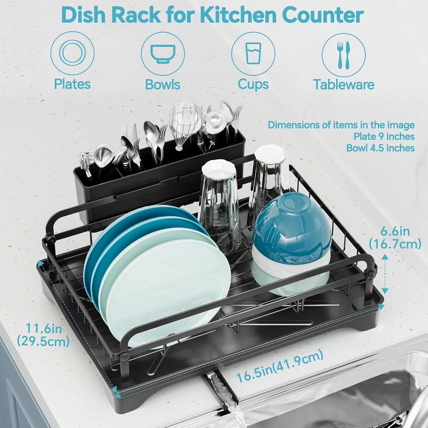 Dish Drying Rack Kitchen - Dish Racks for Kitchen Counter Space-Saving, Dish Drainer with Automatic Drain and Adjustable Spout, Dishwasher Rack with Cutlery Holder, 16.5" D x 11.6" W x 6.6" H