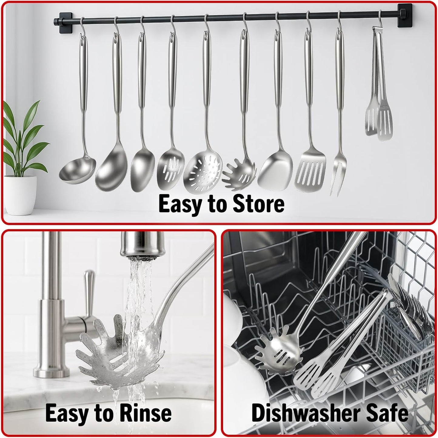 Newness 304 Stainless Steel Spaghetti Server and Spaghetti Tong, [Rustproof, Integral Forming, Durable] Pasta Spoon with Teeth with Vacuum Ergonomic Handle, Comfortable Grip Design Pasta Server