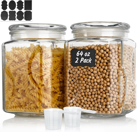 Glass Jars with Lids 64 oz, Airtight Silicone Seal & Non-Slip Design, Large Glass Storage Containers with Lids, Wide-Mouth Storage Containers for Kitchen, Laundry, Pantry & Office, Set of 2