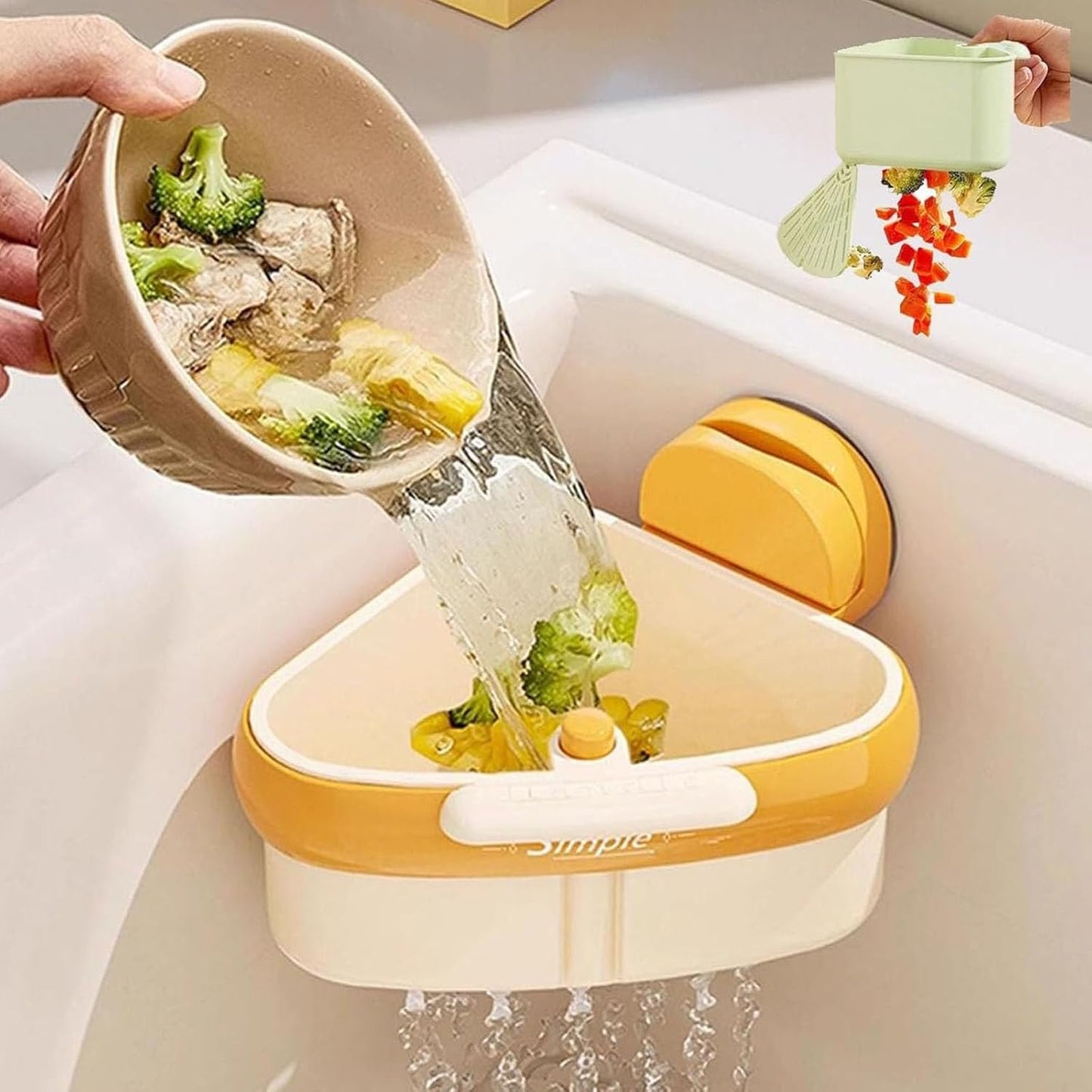 Suction Cup Sink Corner Rack, Curetoaway Corner Sink Strainer, Sink Trash Catcher, Plastic Triangular Baskets Corner Hanging, Rust Resistant, for Kitchen Food Waste (Yellow+Green)