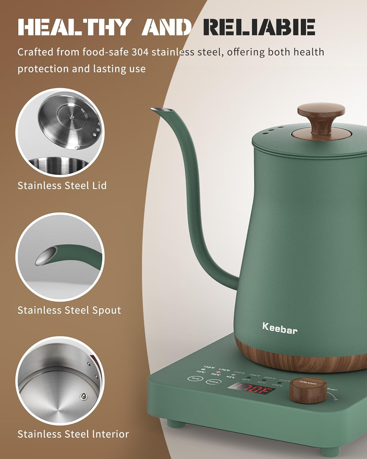Electric Kettle, 1000W Quick Heating Gooseneck Kettles, 0.8L/27.05oz, 0.8mm Ultra-Fine Spout, Precise Water Flow Control, 304 Stainless Steel Inner, Auto Shut-Off, Boil Dry Protection, Matte Green
