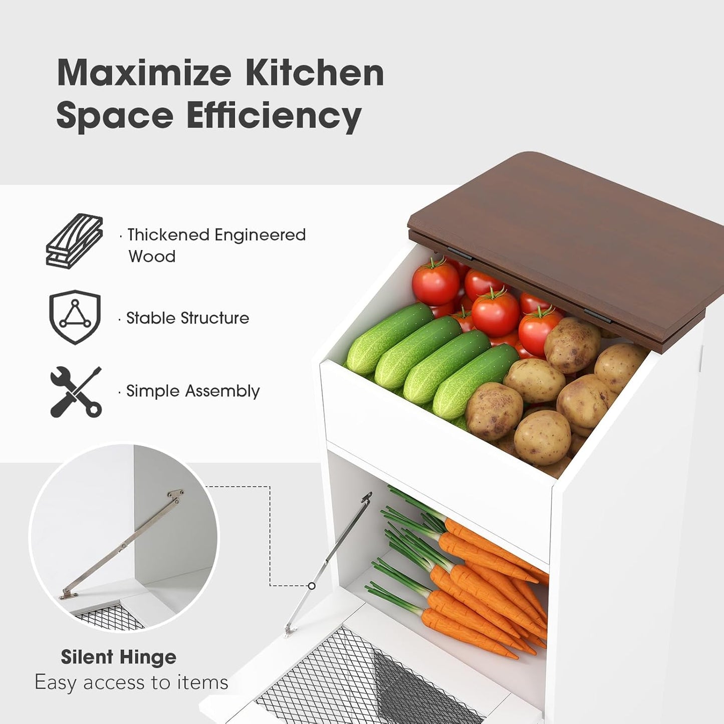 Patiorama Wood Potato and Onion Storage Bin Box with Lid, 4-Tier Farmhouse Wooden Bread Box Cabinet with 2 Mesh Doors & Rolling Drawer, Large Vegetable Storage Bin Organizer for Kitchen Pantry White
