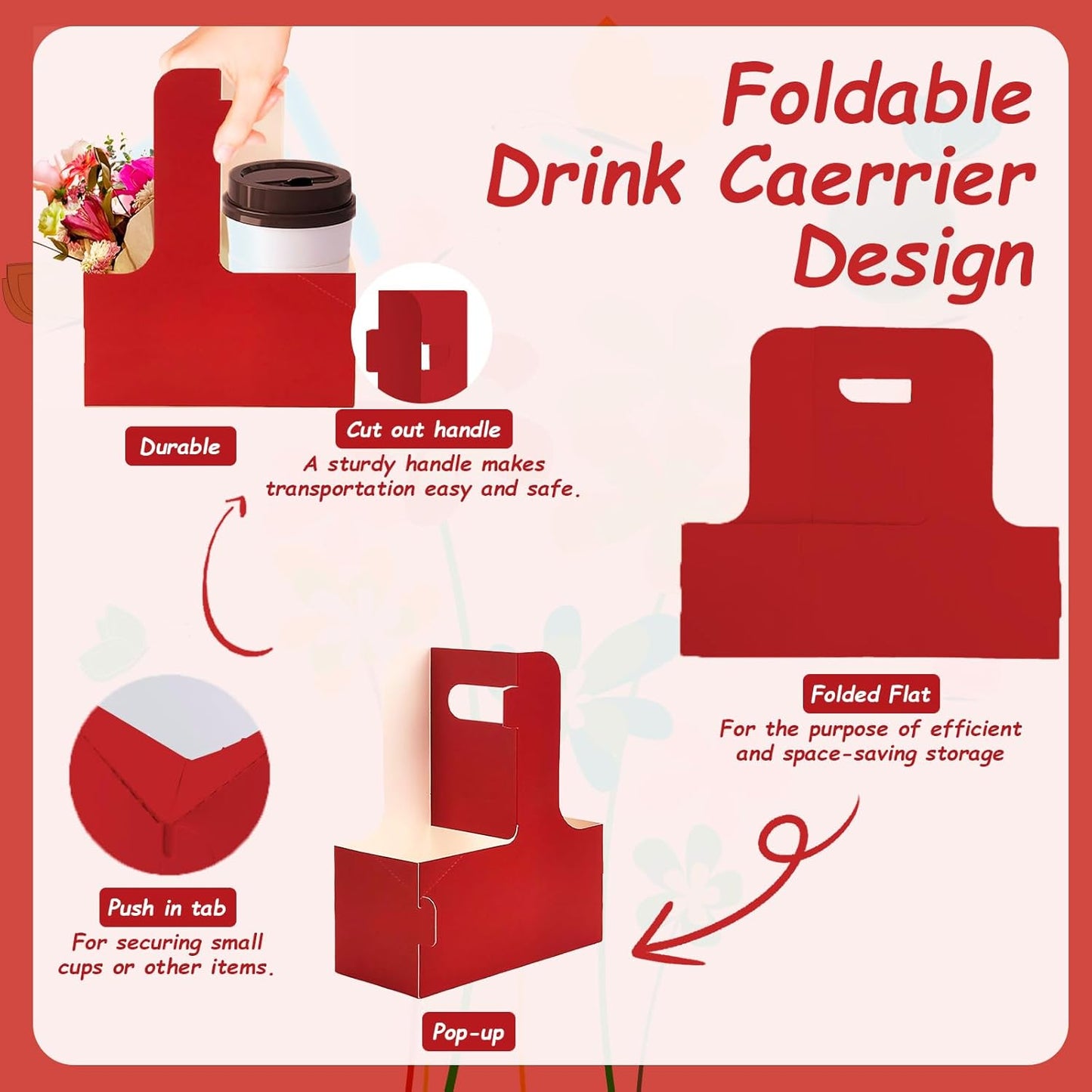 10 Pack 2 Cup Disposable Drink Carrier with Handle Paperboard Coffee Cup Holder Portable for Hot Cold Drinks Food Delivery Services with Heart Card for Teacher Appreciation Week Mother's Day