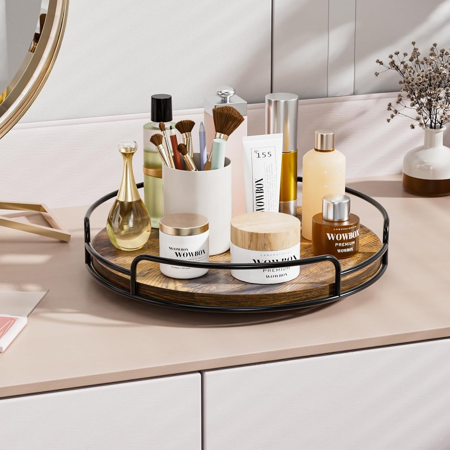 WOWBOX 12" Lazy Susan Organizer for Table Top Rotating Spice Rack Organizations Wood Lazy Susan Turntable Organizer for Cabinet Kitchen Pantry Countertop Bathroom Vanity