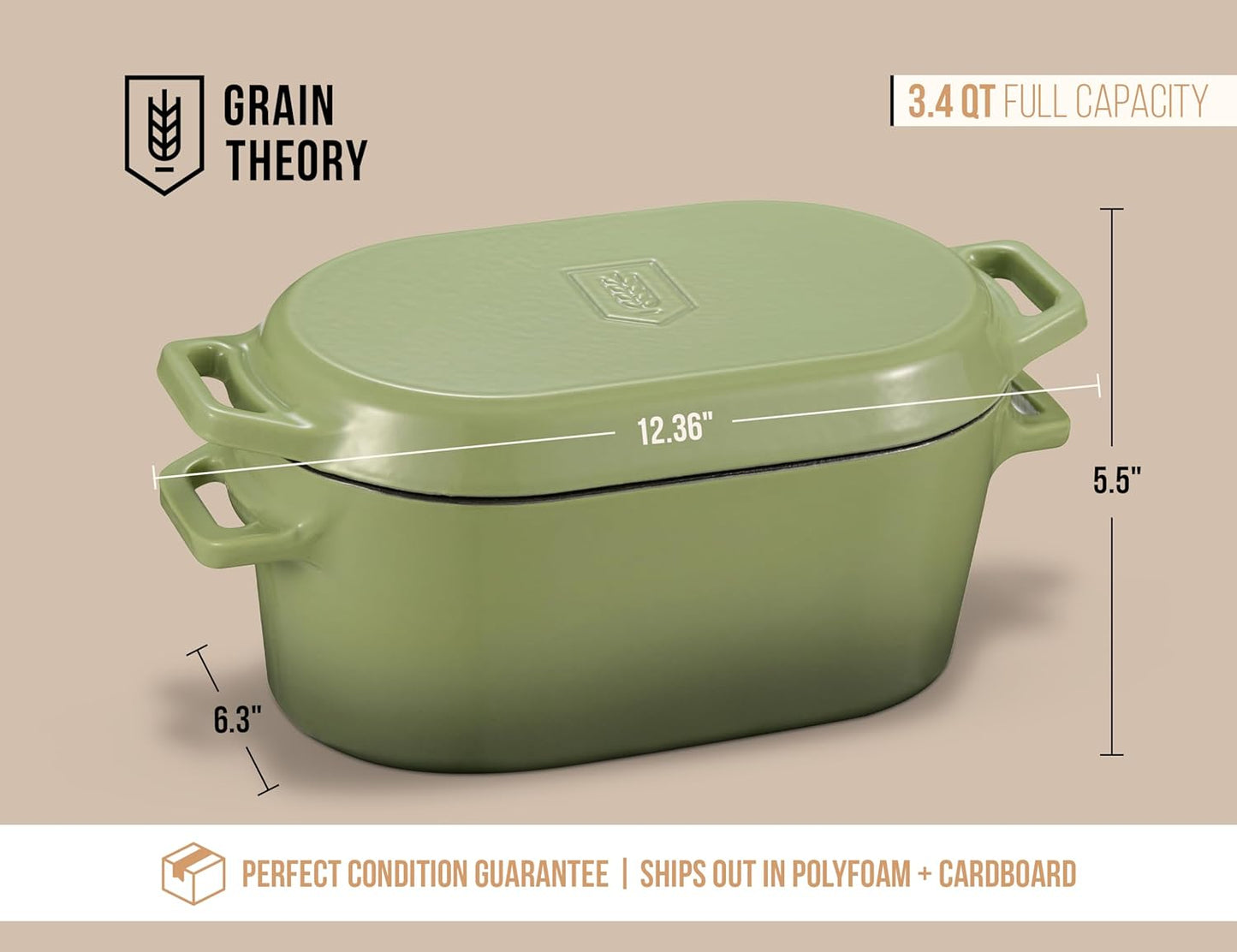 Kook Dutch Oven with Lid, Dual Handles, Enameled Cast Iron, Great for Baking Bread, Cooking and Roasting, Dishwasher Safe, 3.4 Qt, Sage Ombre