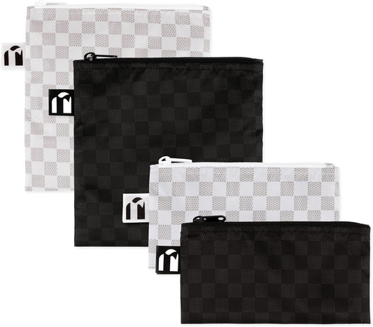 Roamio Reusable Sandwich and Snack Bags, for Kids School Lunch and for Adults Portion, Washable Fabric, Waterproof Cloth Zip Bag, Travel Pouch, Food-Safe Storage,4-pack Set Black Check and Off White
