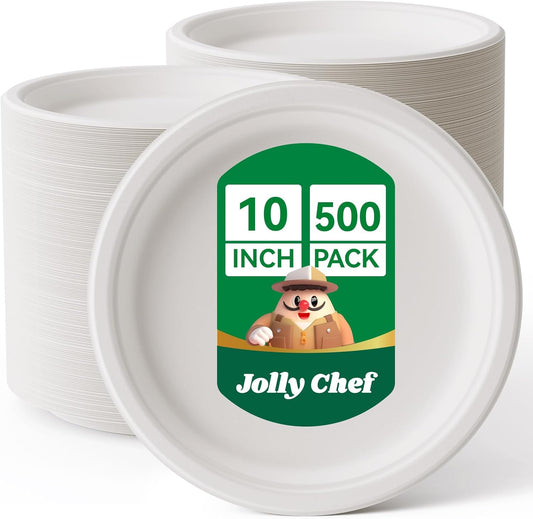 JOLLY CHEF Compostable Heavy Duty Plates 𝟭𝟬 𝗜𝗻𝗰𝗵 [𝟱𝟬𝟬 𝗣𝗮𝗰𝗸] Eco-Friendly Disposable White Paper Plates Made of Bagasse Biodegradable Bulk for Party Dinner Sugarcane Fibers Round 500 Count
