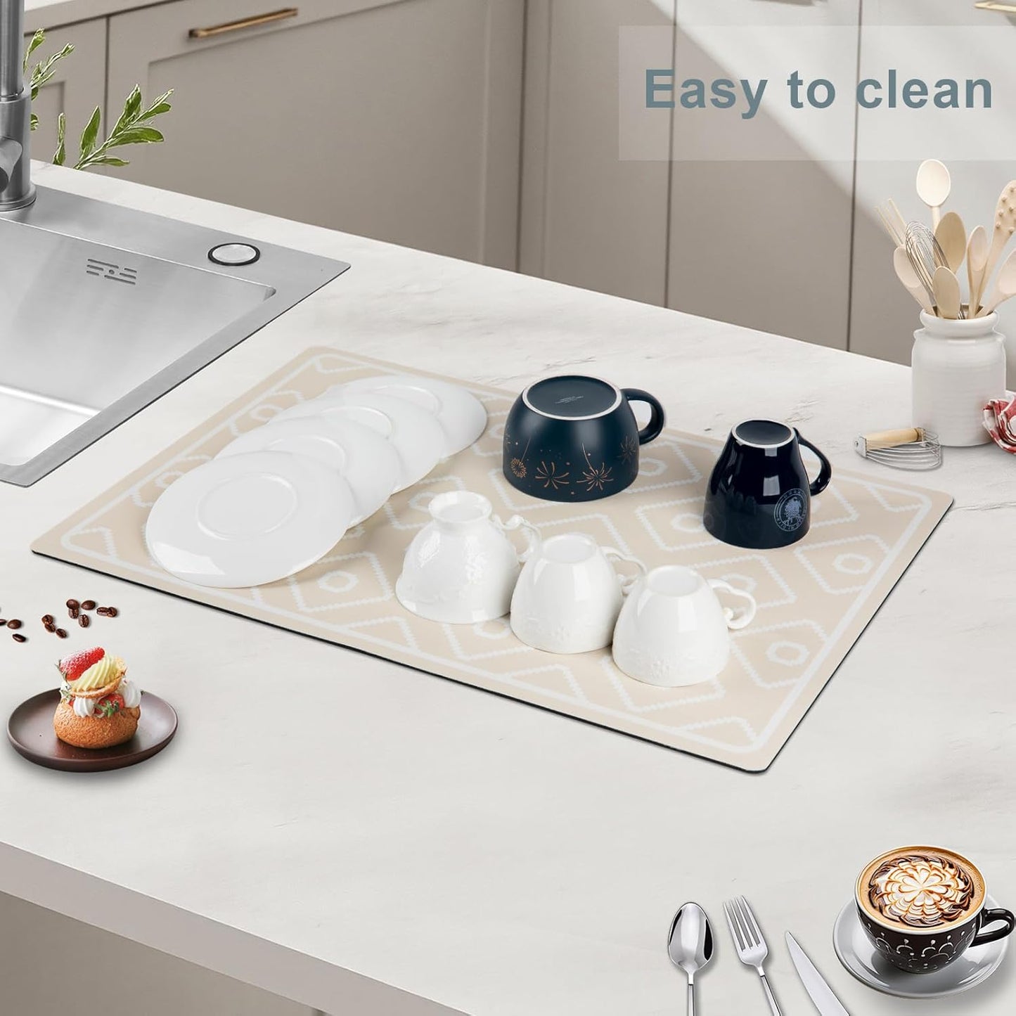 SUEH DESIGN Dish Drying Mat, Absorbent Coffee Mat 23.6 x 15.7 in Quick Dry Kitchen Drying Dish Drain Mat for Kitchen Counter Coffee Bar, Khaki