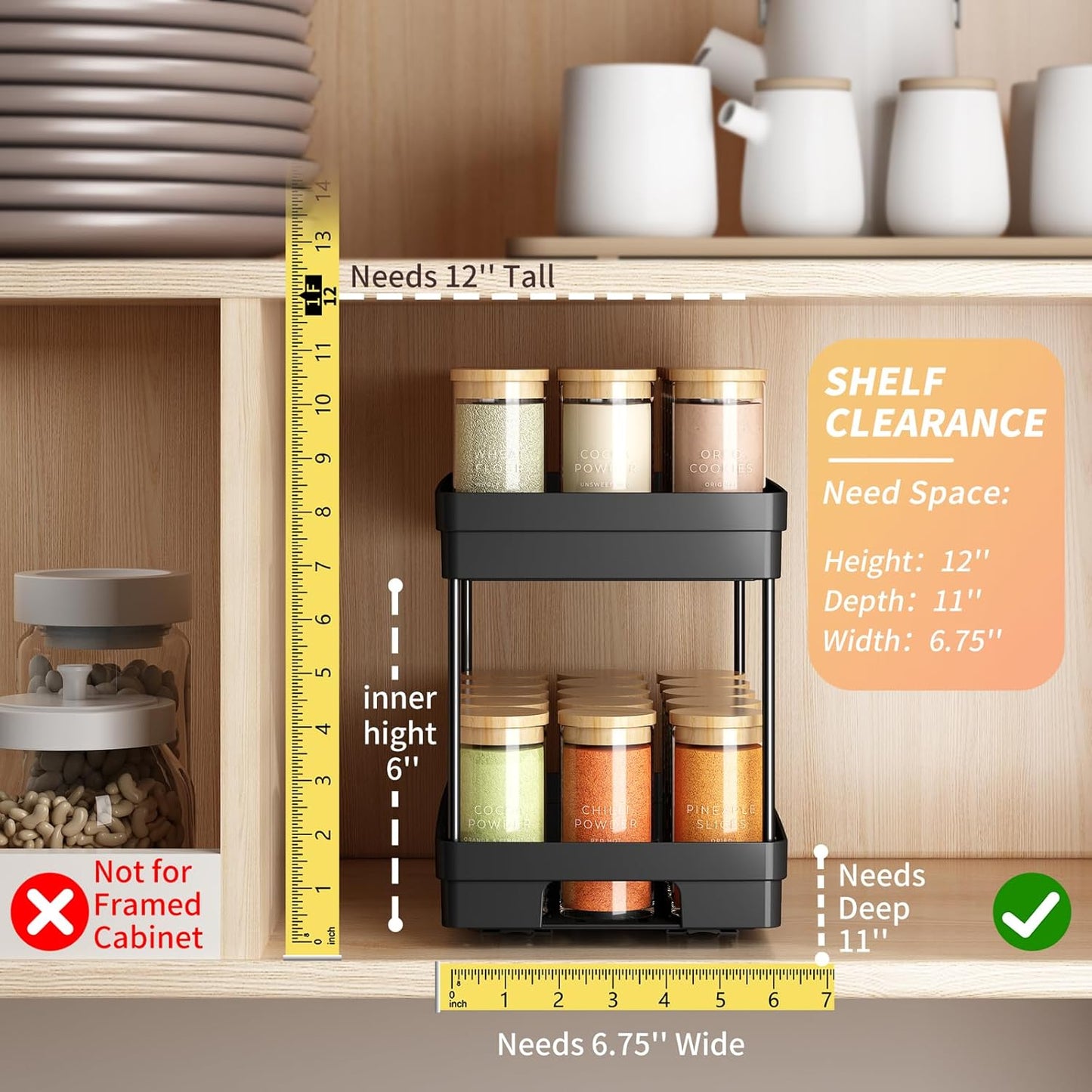 Pull Out Spice Rack Organizer for Cabinet, 2 Pack Widen Slide Out Spice Racks Organizer, Spice Cabinet Organizers, Cabinet Size Need:12'' Highx11'' Deepx6.75'' Wide,Hold 15 Spice Jar Each Tier-2Tier