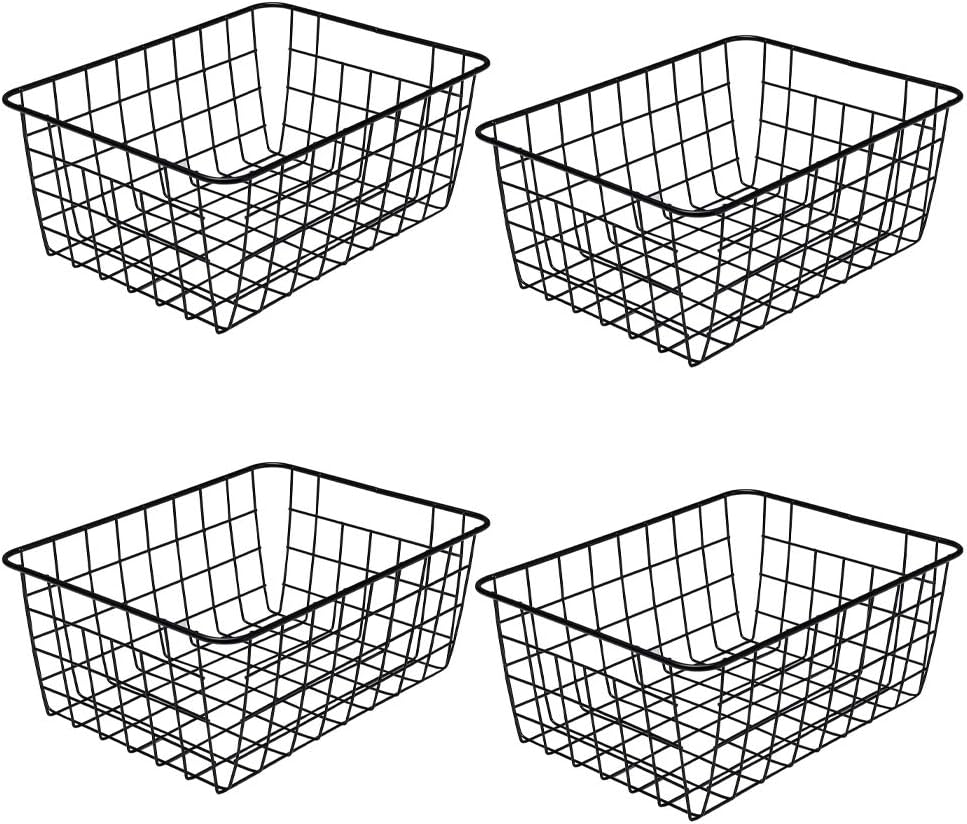 LeleCAT Wire Storage Baskets,Metal Wire Food Storage Organizer Bin Basket with Handles for Kitchen Cabinets, Pantry, Bathroom, Closets, Garage,Black 4 Pack
