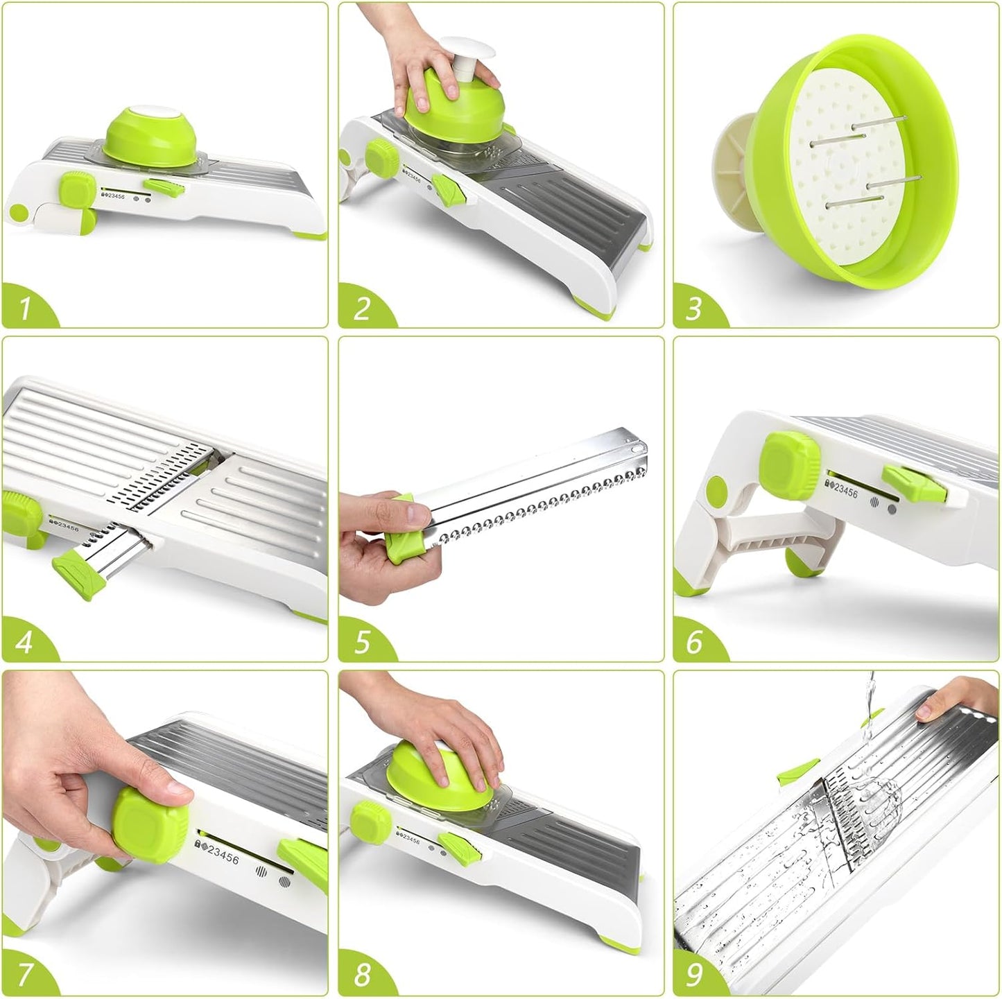 Mandoline Slicer for Kitchen, Adjustable Stainless Steel Mandoline Food Slicer, Onion Potato Cucumber Tomato Carrot Vegetable Fruit Slicer, Mandolin Veggie Cutter with Food Holder, Green