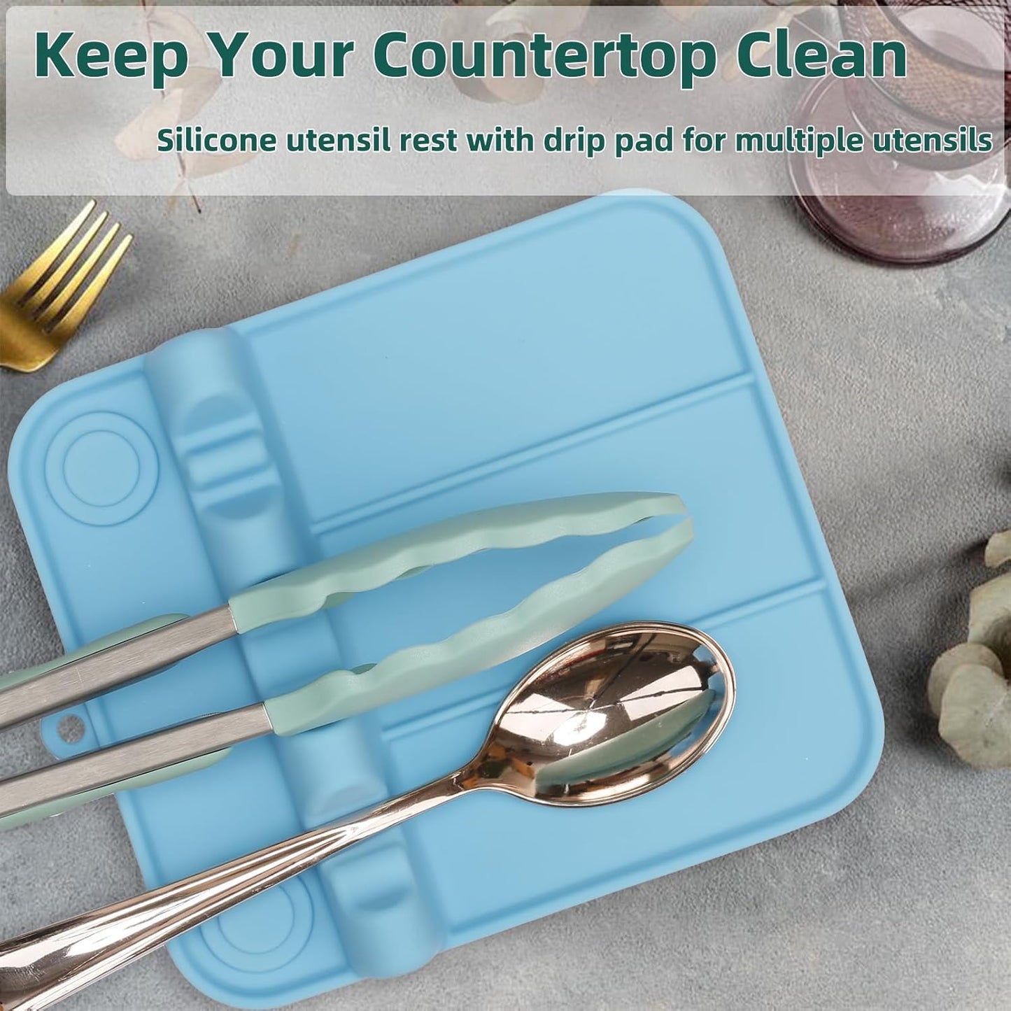 Spoon Rest, Silicone Spoon Holder for Stove Top with Drip Pad Suitable for Multiple Kitchen Gadgets, 3-Groove Upgraded Utensil Rest for Kitchen Counter, Heat-Resistant Dishwasher Safe, Lake Blue