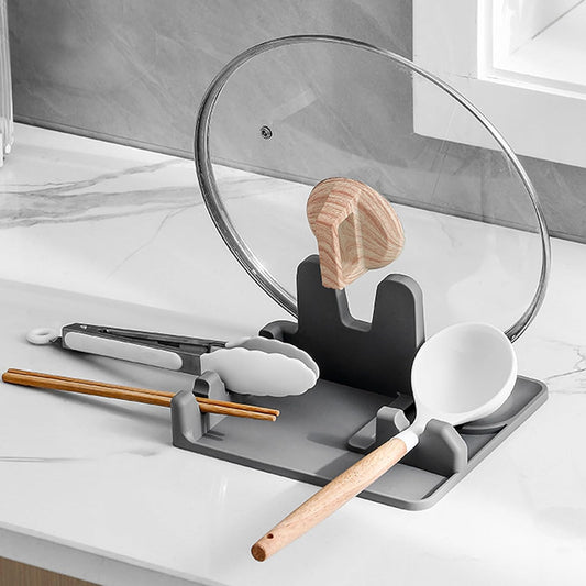 Silicone Spoon Holder Spoon Rest with Lid Holder for Stove Top,BPA Free Utensil Rest for Kitchen Countertop,Non-Slip Heat-Resistant Stove Utensil Holder for Spatula,Ladle,Tong&Pot Lid (Grey)