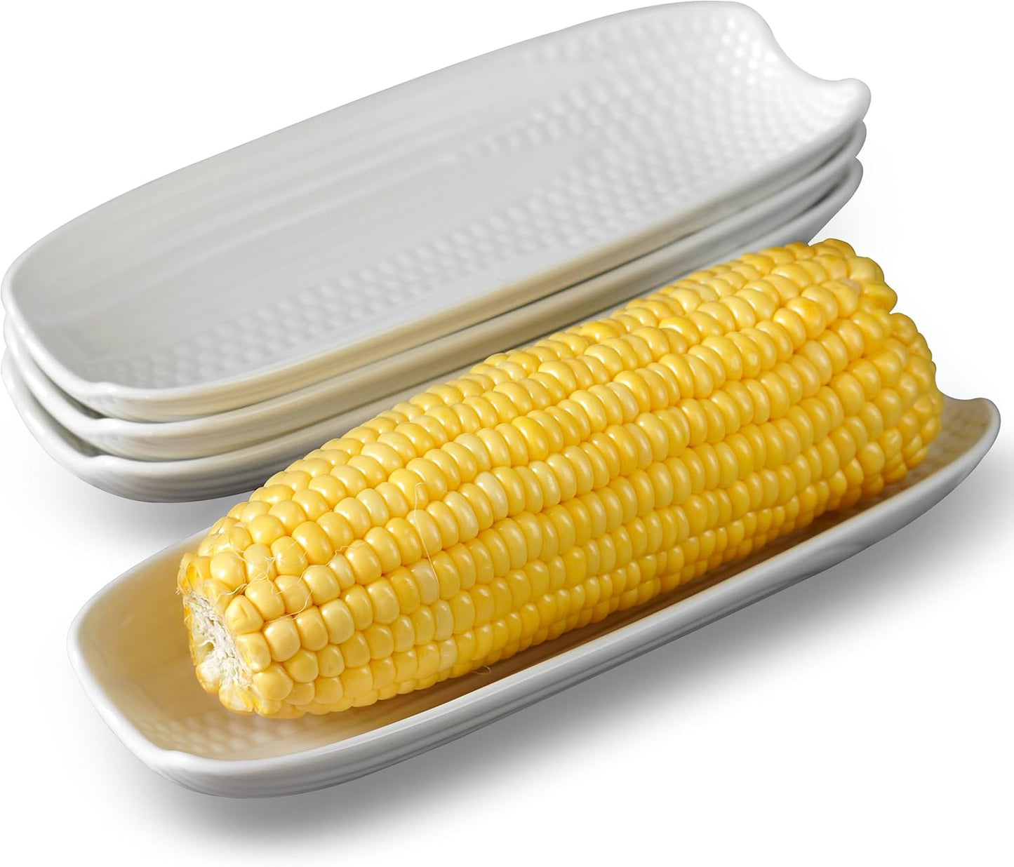 Cinf Ceramic Corn Cob Holders 8.8" Corn Dishes Set of 4, White Dishes Non-slip Bottom Microwave Dishwasher Oven Safe