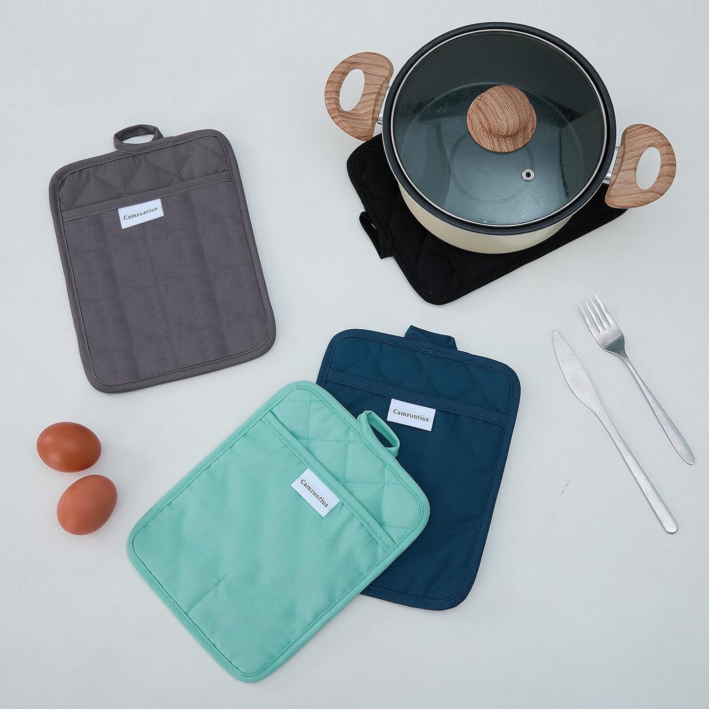 Kitchen Pot Holders, 7"x9", Rectangular with Pocket, Cotton and Neoprene Heat-Resistant Potholders for Cooking and Baking, Machine Washable, 3-Piece Set (Sky Blue)