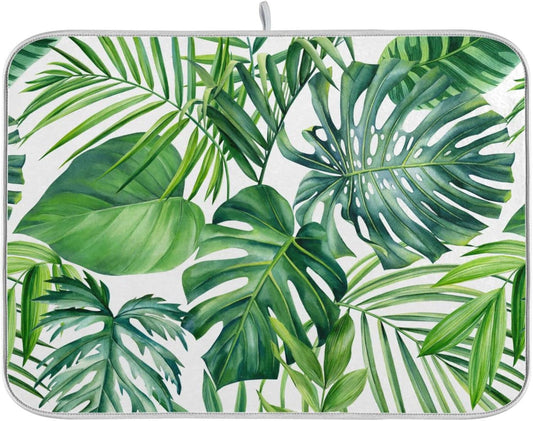Tropical Palm Leaves Dish Drying Mat for Kitchen Counter Green Monstera Leaf Absorbent Microfiber Drying Pad, Medium 16x18 in, Reversible Drainer Mats