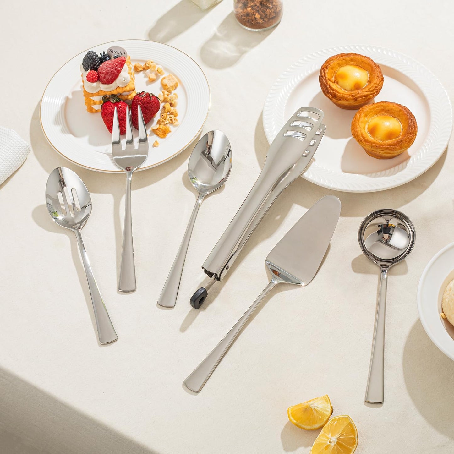 KINGSTONE 8 Piece Serving Utensils Set, 18/10 Stainless Steel Serving Utensils, Slotted Spoon, Serving Spoon, Fork, Tong, Soup Ladle, Cake Server for Buffet, Parties, Kitchen