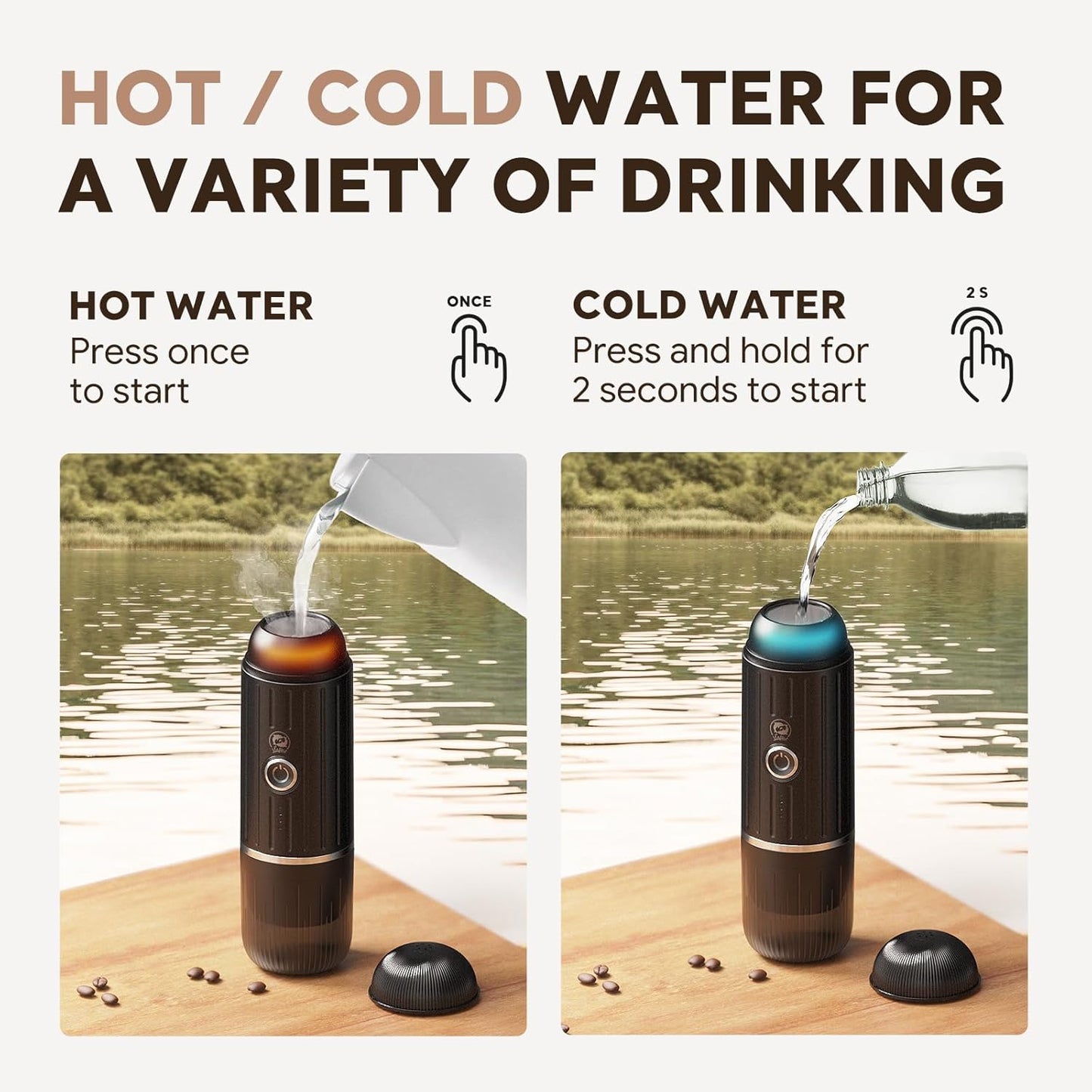 Rich Crema Portable Electric Espresso Coffee Maker, Fast self-heating 2 IN 1 Extraction System Espresso Machine, Support Ground Coffee and NS capsule, for Travel、Car、Hiking、Climbing（Black）