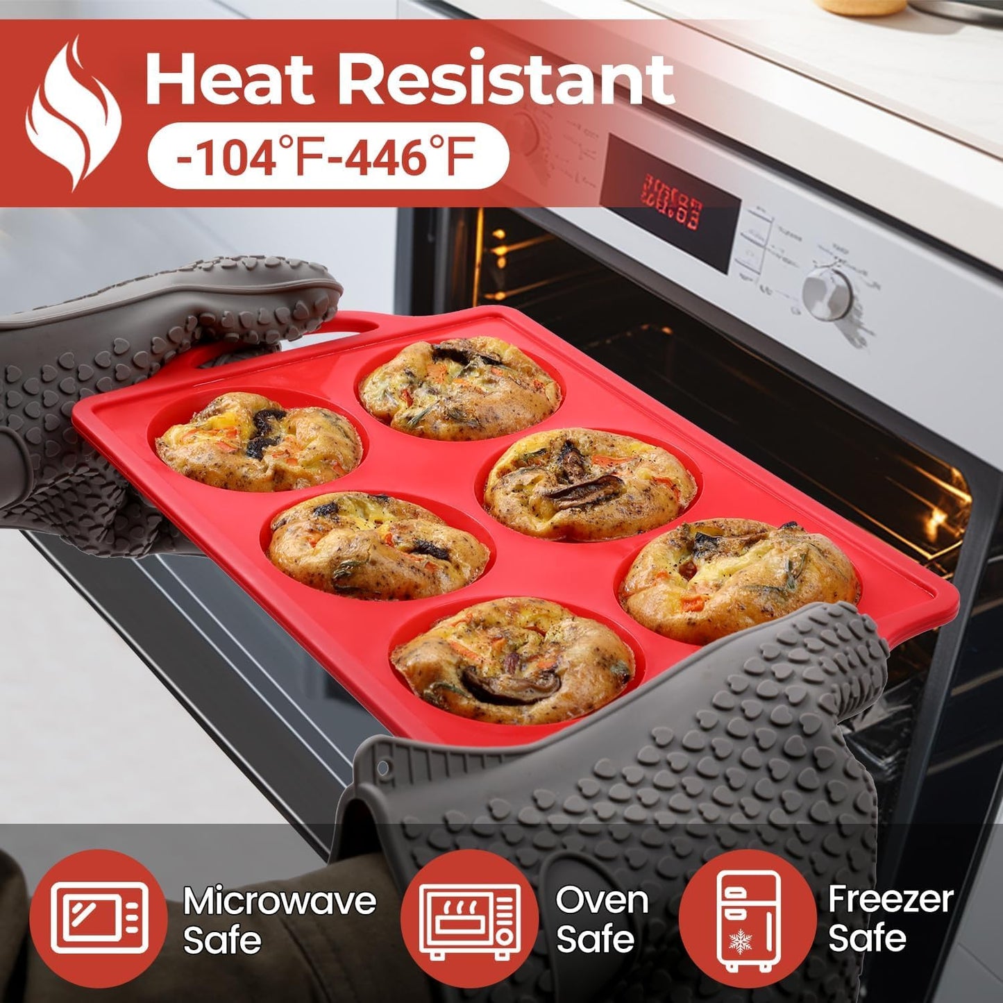 Silicone Egg Molds, 3 Inch Muffin Top Pans Non Stick with Metal Framed, Baking Pan for Breakfast Sandwiches, English Muffins, Whoopie Pies, Corn Bread, Egg Bites, Hamburger Bun, Tarts 2 Pack Red