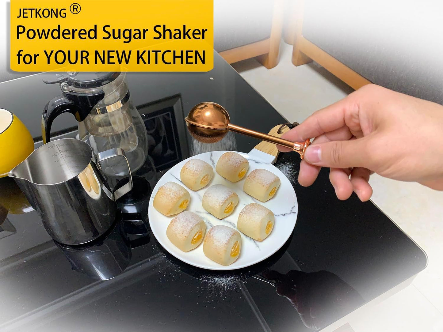 JETKONG Powdered Sugar Shaker Duster Flour Dispenser Shaker with 18/8 Stainless Steel Spring-operated Handle for Sugar Flour and Spices (Brown)