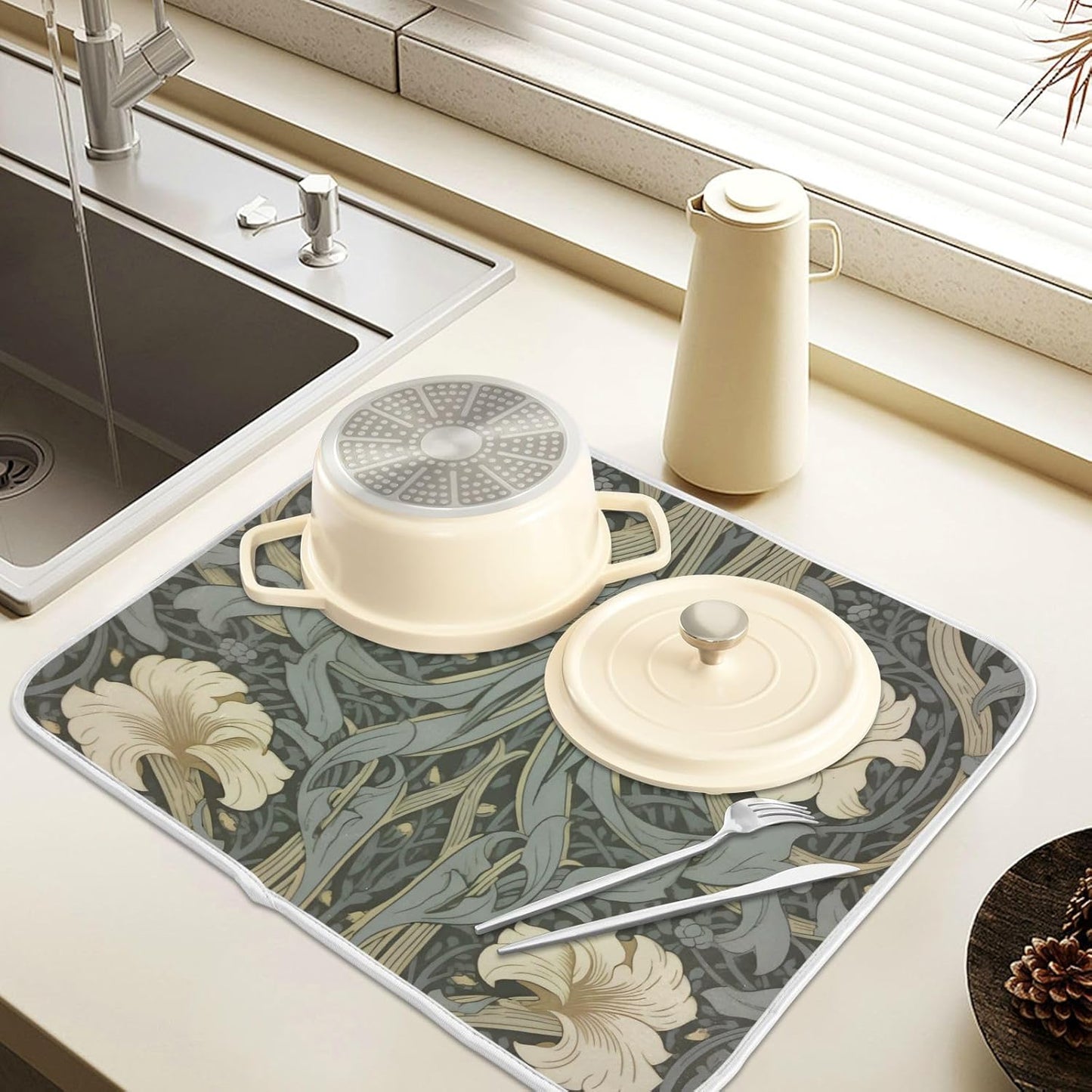 William Morris Flowers Print Dish Drying Mat for Kitchen Counter Absorbent Microfiber Large Drying Pad Dish mats for Kitchen Countertops 18 x 24 Inch