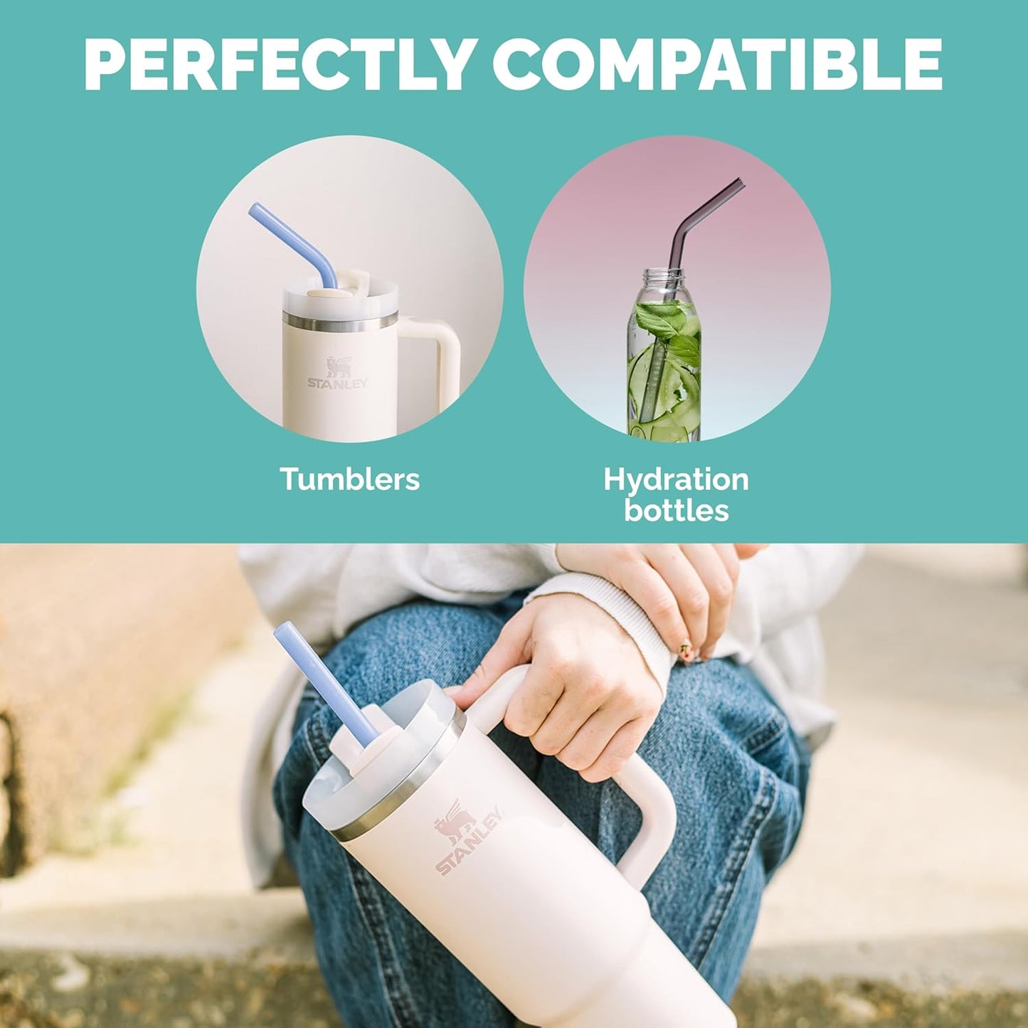 Simply Straws 12 Inch Glass Straws Bent (6-Pack) – Reusable Glass Straws for Stanley 40 Oz Tumbler, with Cleaning Brush – Durable, Dishwasher Safe, Hot & Cold Use, BPA-Free (Meadow)