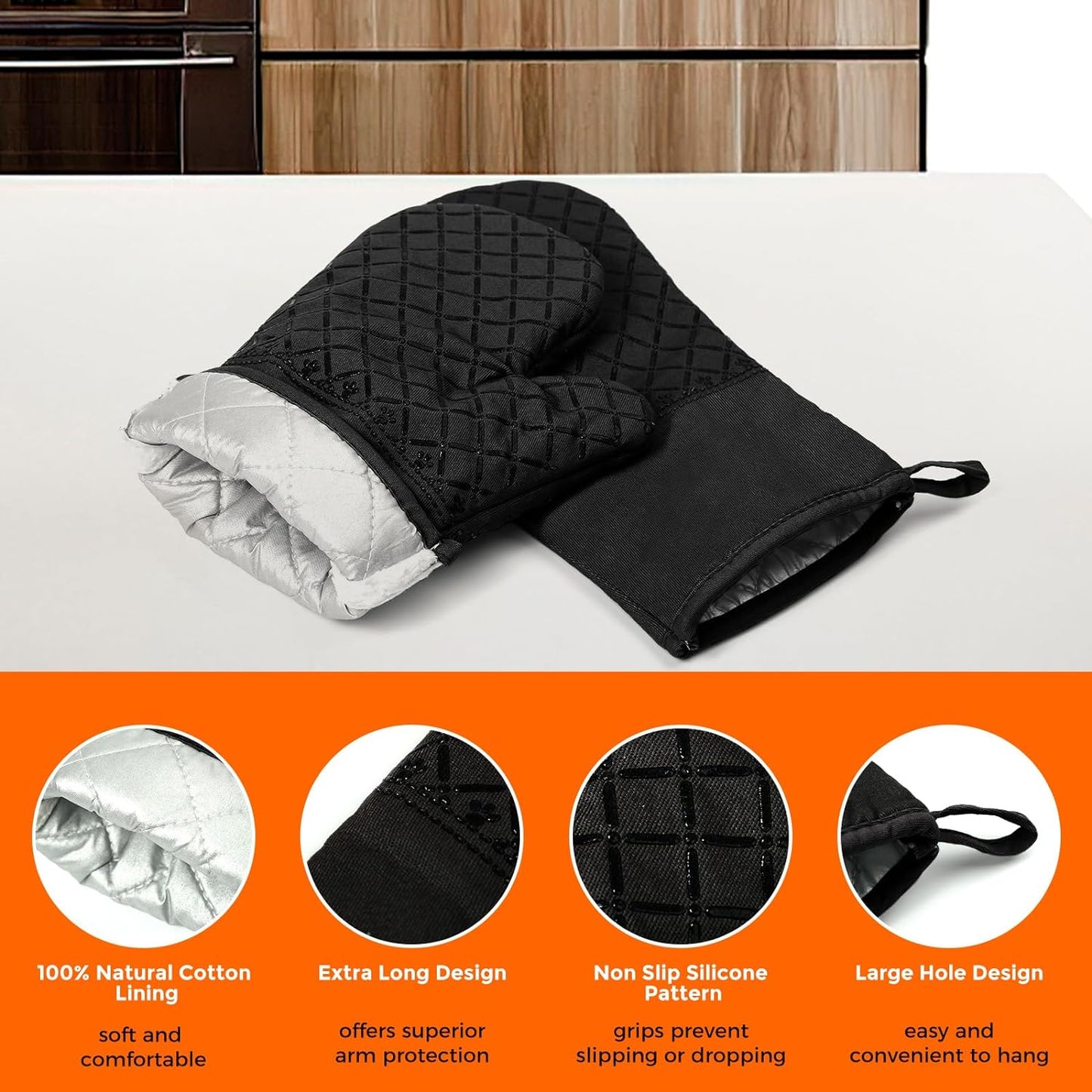 2 Pcs Oven Mitts Heat Resistant for Kitchen, Kitchen Oven Gloves, Long Oven Mitts and Pot holder with Non-Slip Silicone Stripe and Soft Cotton Lining, Silicone Oven Mitts for Cooking Baking BBQ Gloves