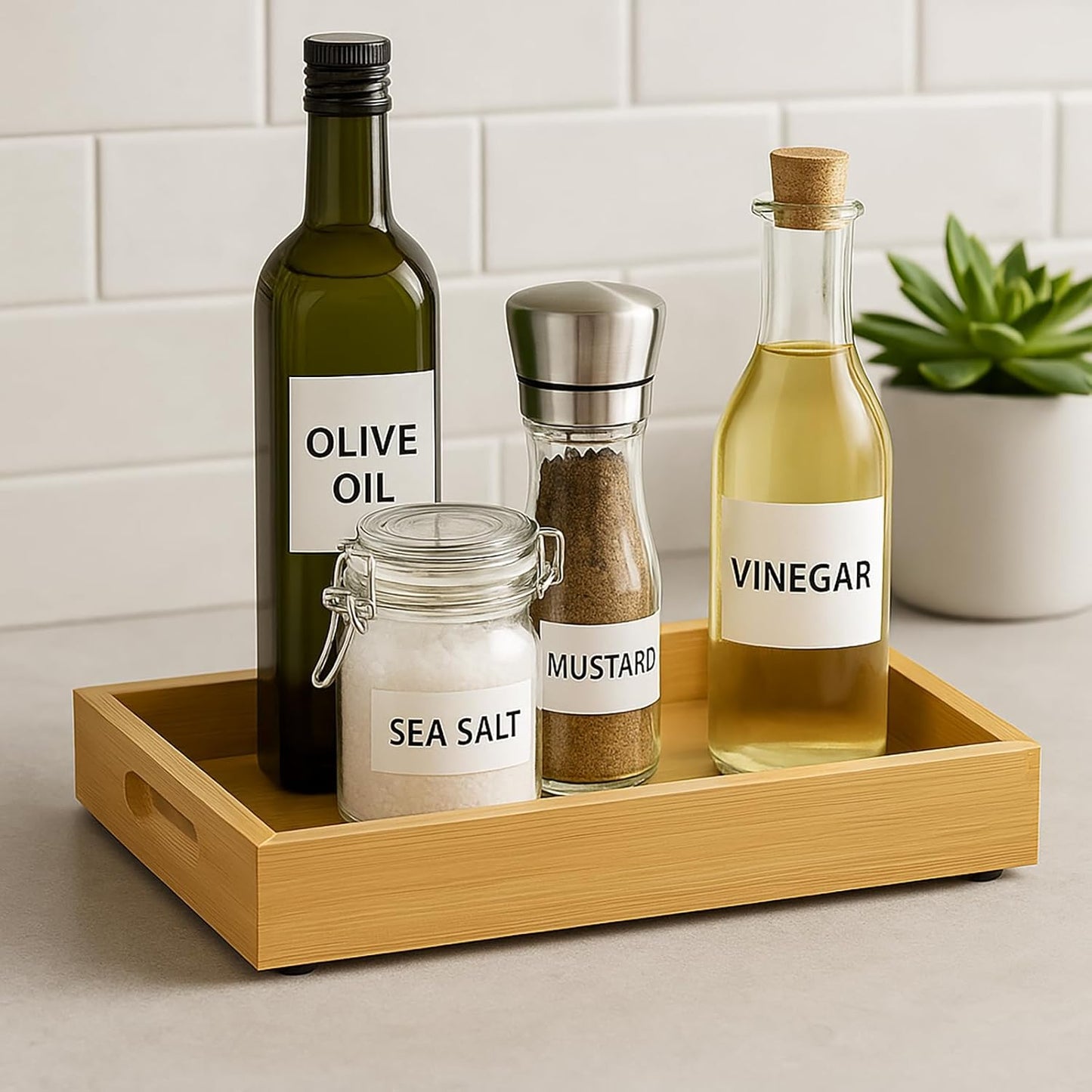 Tray for Oil Bottles Kitchen Counter – Bamboo Organizer with Handles, Waterproof Coating & Non-Slip Feet, 13×8 Inch Condiment Holder for Spices, Sauces & Seasoning Jars