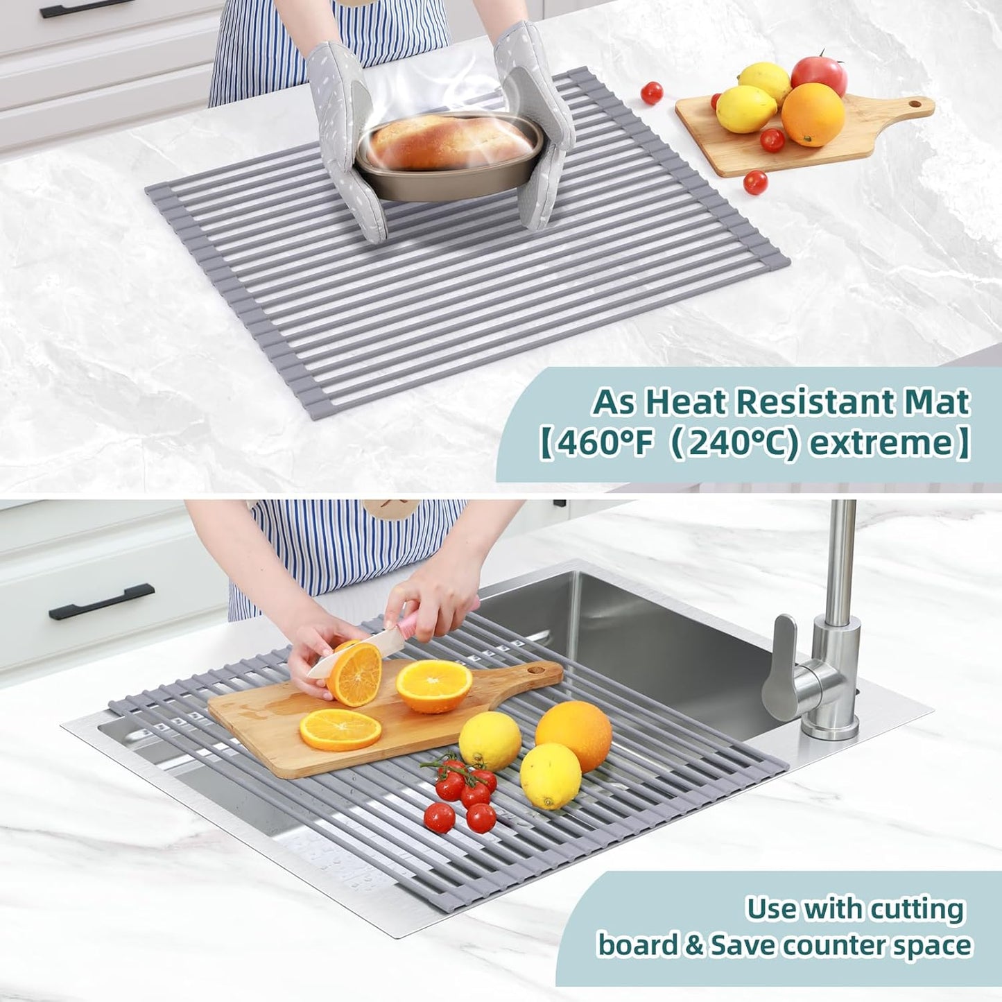 Ohuhu Sink Drying Rack, 20.5" W x 16.1" L Over The Sink Roll-Up Dish Drainer - Rolling Foldable Accessories Heat-Resistant Mat Anti-Slip Silicone Coated Multipurpose for Kitchen Counter