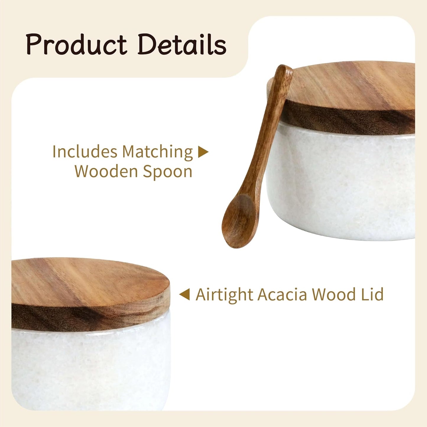 Marble Salt Cellar with Acacia Wood Lid and Spoon – 4-inch Salt Box with Spoon Slot, Kitchen Spice Container for Salt, Sugar, or Spices (White)