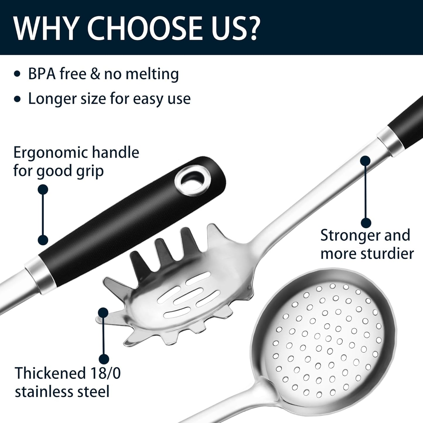 18/0 Stainless Steel Spaghetti Spoon & Slotted Spoon for Cooking, Heavy Duty Frying Spoon Pasta Strainer Skimmer, Cooking Utensils Commercial and Residential Use, Pack of 2