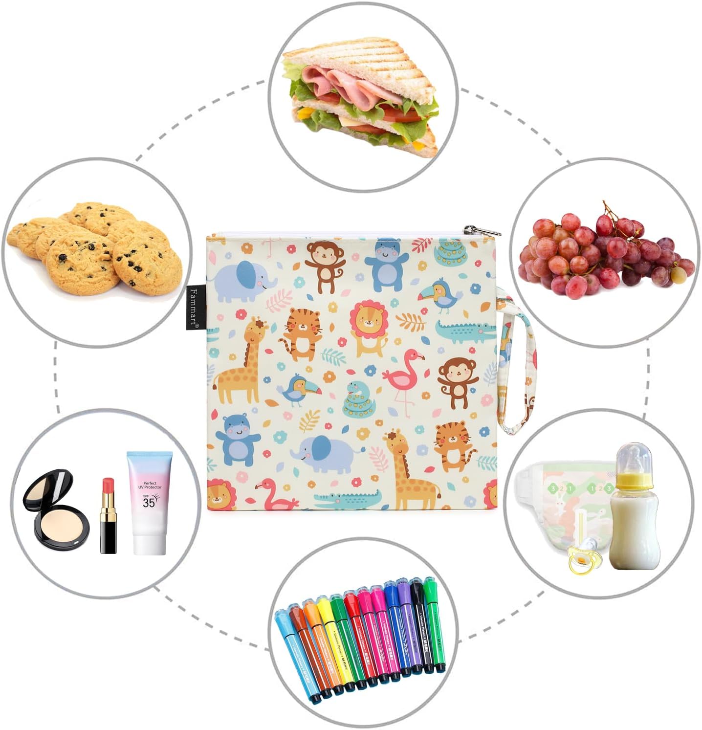 Reusable Sandwich Bag/Snack Bag for Kids & Adults, Dual Layer Lunch Bag with Handle, Washable, Food Safe, BPA Free (1-Pack, Zoo)