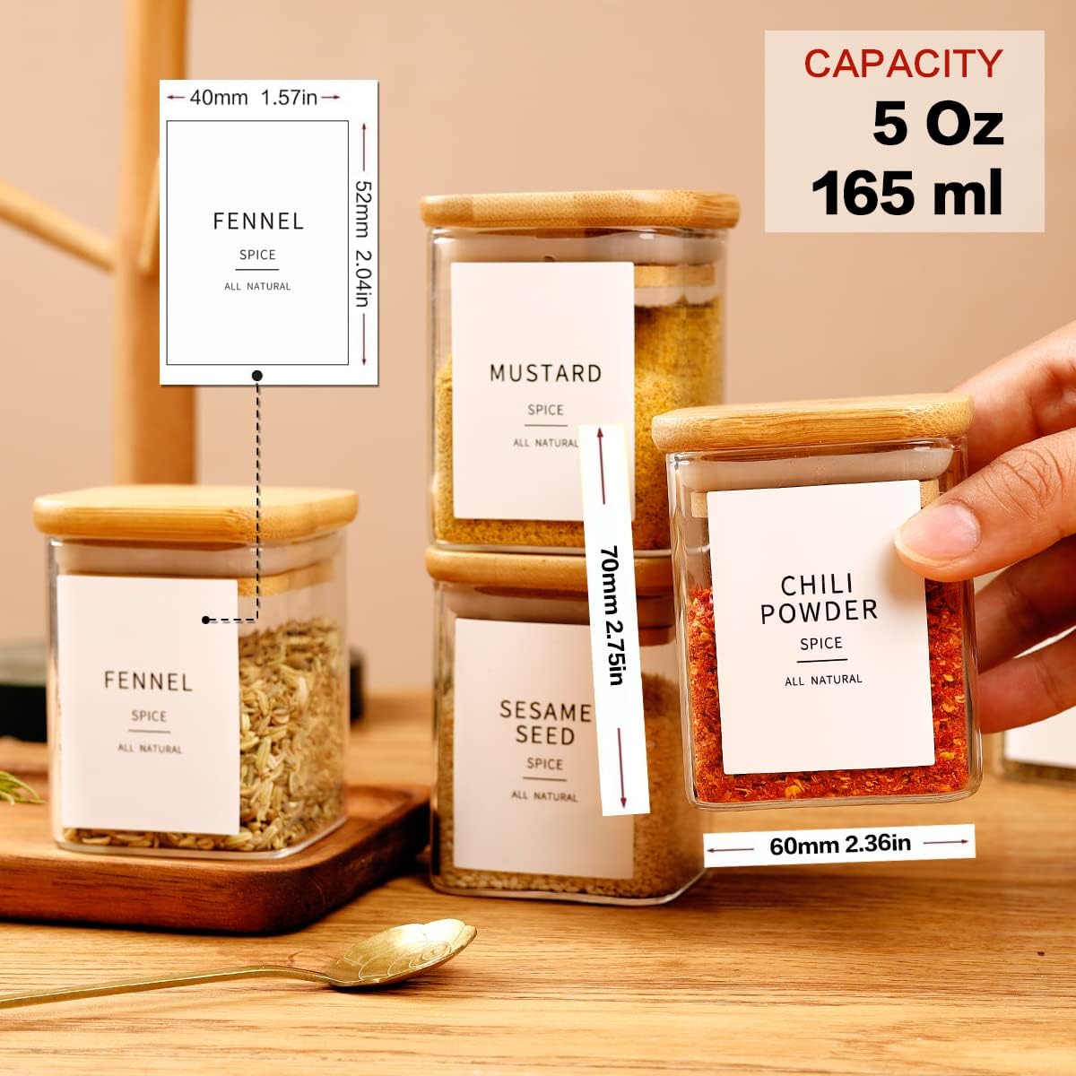 12 Pcs Square Glass Spice Jars with Natural Bamboo Lids - 5oz Airtight Herb Containers with 148 Waterproof Minimalist Spice Labels Preprinted - Empty Small Seasoning Jars for Kitchen Pantry